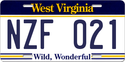 WV license plate NZF021