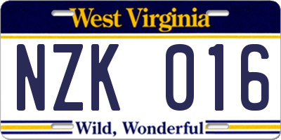WV license plate NZK016