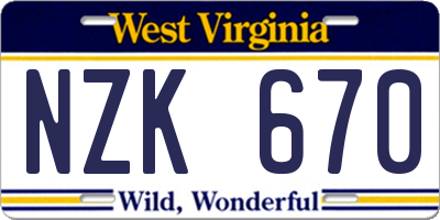 WV license plate NZK670