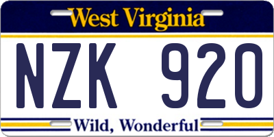 WV license plate NZK920