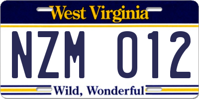 WV license plate NZM012