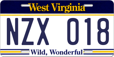 WV license plate NZX018