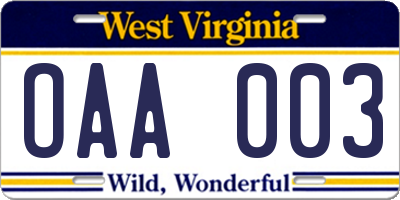 WV license plate OAA003