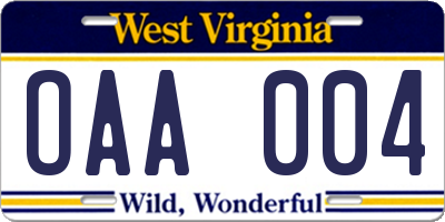 WV license plate OAA004