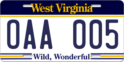 WV license plate OAA005