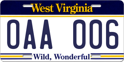 WV license plate OAA006