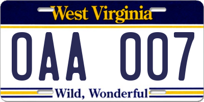 WV license plate OAA007