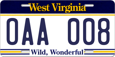 WV license plate OAA008