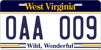 WV license plate OAA009
