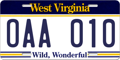 WV license plate OAA010