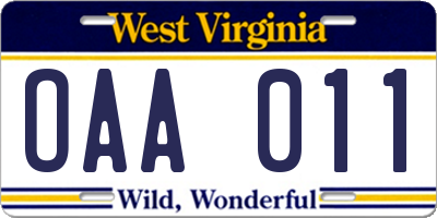 WV license plate OAA011