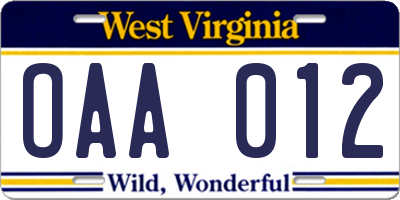 WV license plate OAA012