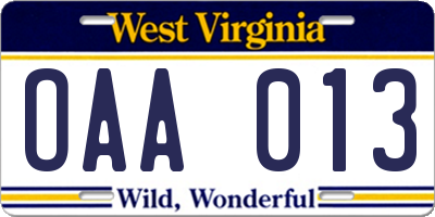 WV license plate OAA013