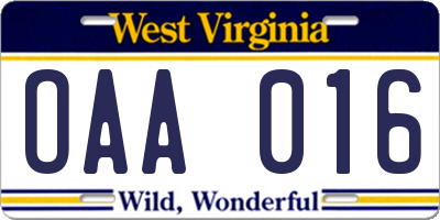 WV license plate OAA016