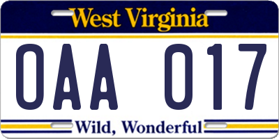 WV license plate OAA017