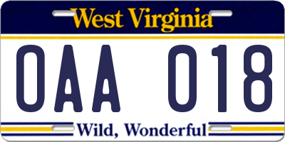 WV license plate OAA018