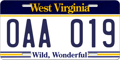 WV license plate OAA019
