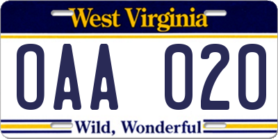 WV license plate OAA020