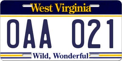 WV license plate OAA021