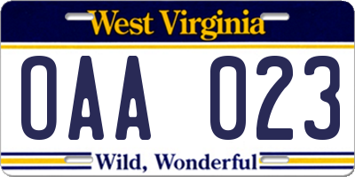 WV license plate OAA023