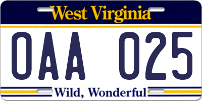WV license plate OAA025