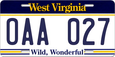 WV license plate OAA027