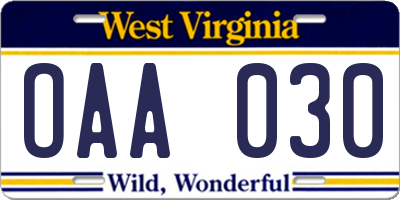 WV license plate OAA030