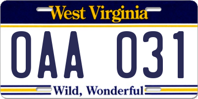 WV license plate OAA031