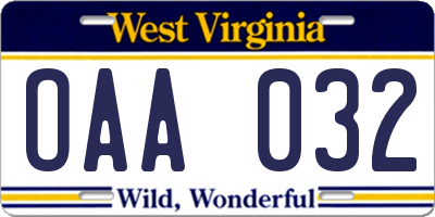 WV license plate OAA032