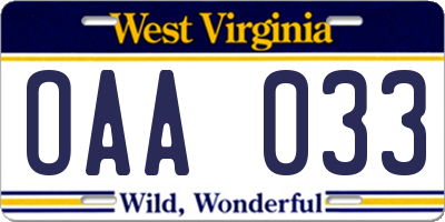WV license plate OAA033