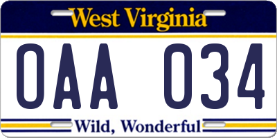 WV license plate OAA034