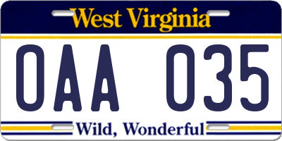 WV license plate OAA035