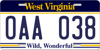 WV license plate OAA038