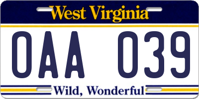 WV license plate OAA039