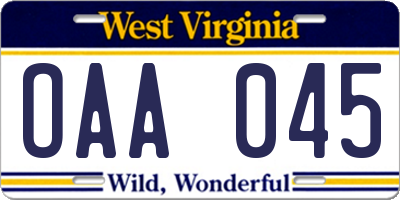 WV license plate OAA045