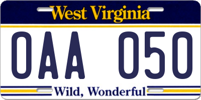 WV license plate OAA050