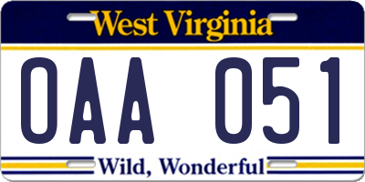 WV license plate OAA051