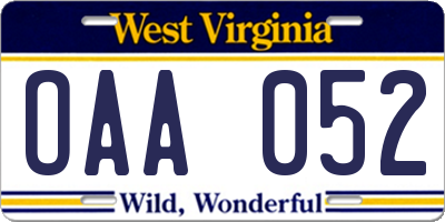 WV license plate OAA052