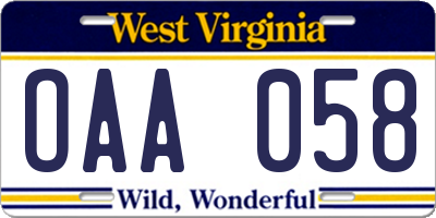 WV license plate OAA058