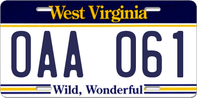 WV license plate OAA061