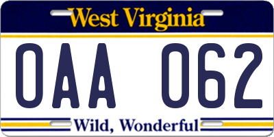 WV license plate OAA062