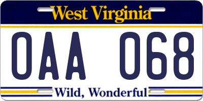 WV license plate OAA068