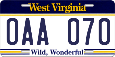 WV license plate OAA070