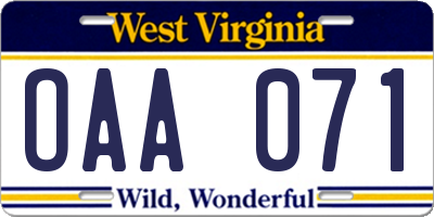 WV license plate OAA071