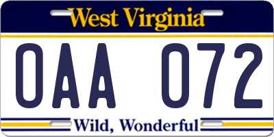 WV license plate OAA072