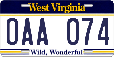 WV license plate OAA074
