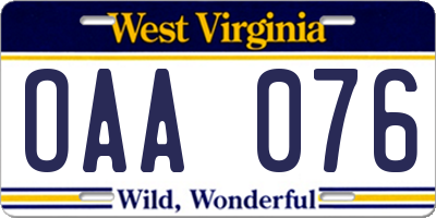 WV license plate OAA076