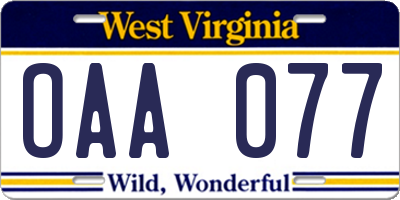WV license plate OAA077