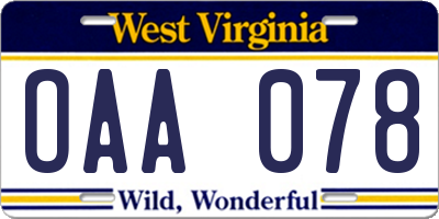 WV license plate OAA078