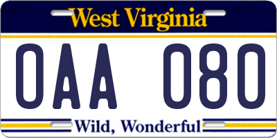 WV license plate OAA080